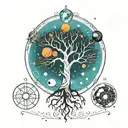Minimalist tree of life tattoo with the planets of the solar system in color tattoo design idea