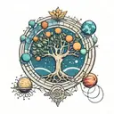 Minimalist tree of life tattoo with the planets of the solar system in color tattoo design idea