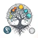 Minimalist tree of life tattoo with the planets of the solar system in color tattoo design idea
