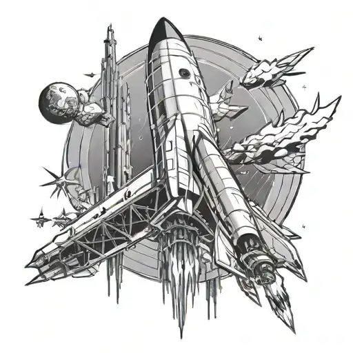 A futuristic cityscape with Elon Musk's SpaceX rocket launching into space, symbolizing ambition and self-made success tattoo design idea