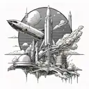 A futuristic cityscape with Elon Musk's SpaceX rocket launching into space, symbolizing ambition and self-made success tattoo design idea