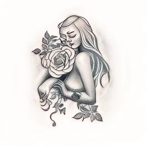 A traditional tattoo of a sleeping woman surrounded by roses and musical notes tattoo design idea