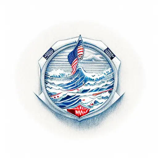 poker card with ocean wave and U.S navy symbol from ww2 tattoo design idea