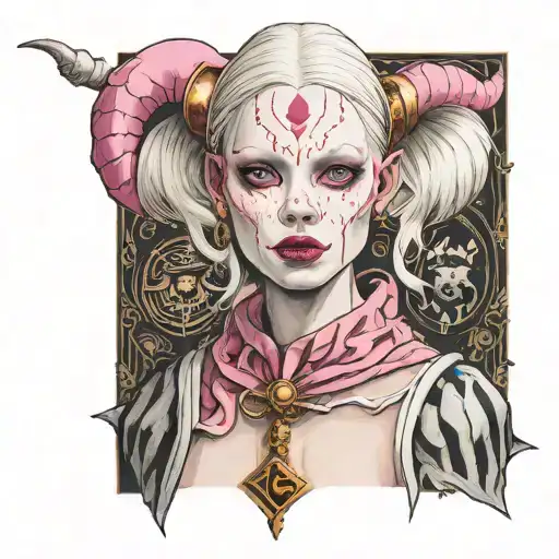albino girl with pink eyes in court jester fashion  tattoo design idea