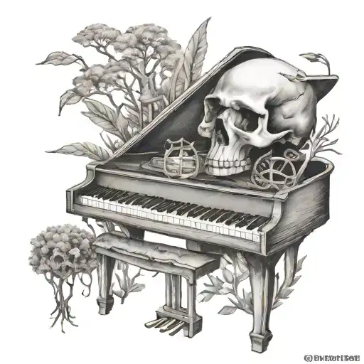 A mystical tattoo of a piano with keys shaped like animal claws, surrounded by nature elements and a skull to represent death tattoo design idea