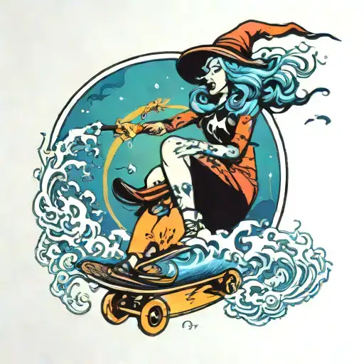 A neotraditional design of a witch riding a longboard through a mystical forest, with a background of a rave scene and animals dancing around her tattoo design idea