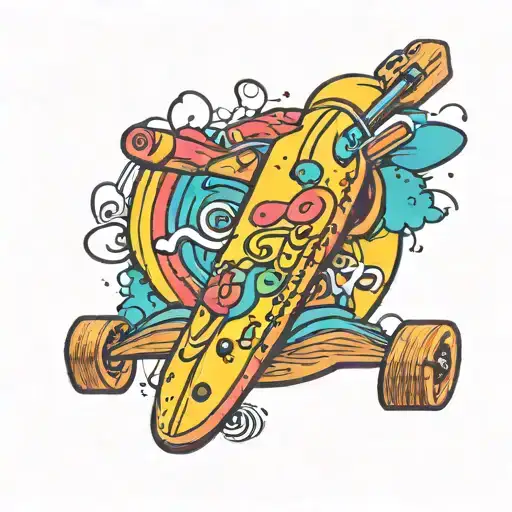 A colorful tattoo of a longboard with musical notes and makeup brushes intertwined, symbolizing your passion for music and makeup artistry tattoo design idea
