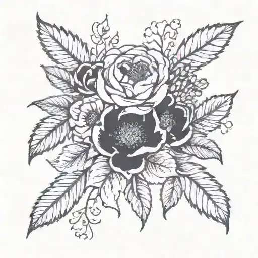A tattoo design featuring the birth flowers of your siblings' birthdays (december, february, april, may, june, july, august, september, october) in a blackwork style tattoo design idea