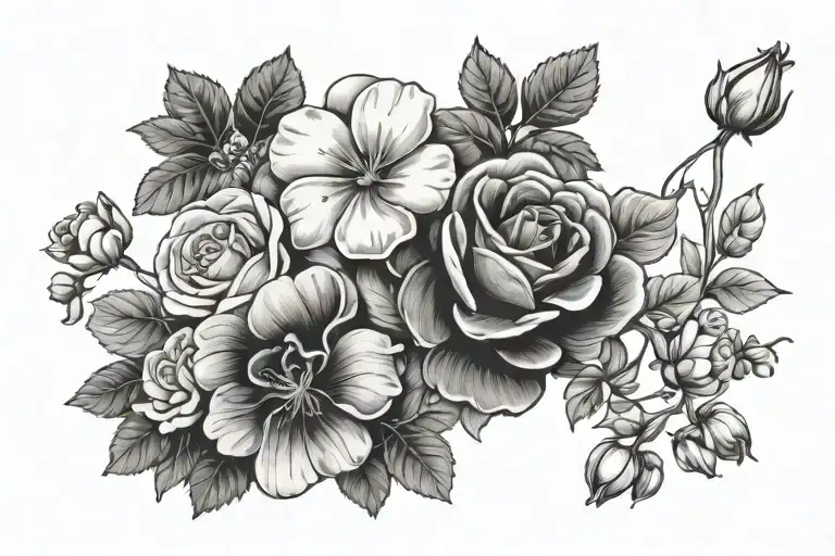 geranium, forget me not and roses flowers tied together tattoo design idea