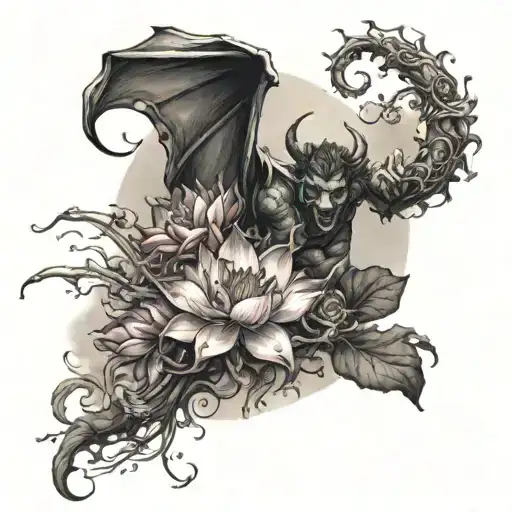 sleeve of devil falling to lake Lotus flowers around tattoo design idea