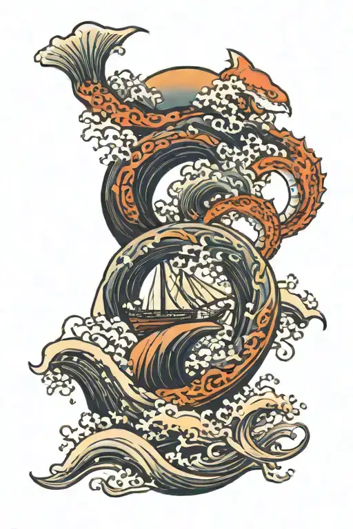 a tattoo that uses the great wave of kanagawa and includes an octopus and relates to shark, crab, anchor, mermaid, surfb tattoo design idea