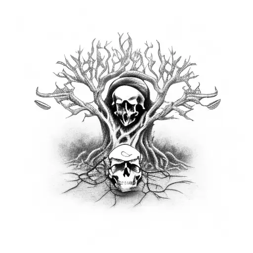 A hauntingly beautiful scene of a guitar player performing under an ancient tree with skulls hanging from its branches tattoo design idea