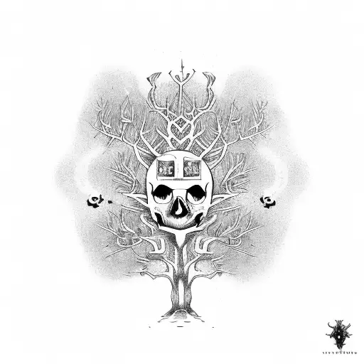 A whimsical design of a tree made of guitar necks and headstocks, with skulls nestled in its branches tattoo design idea