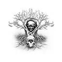A hauntingly beautiful scene of a guitar player performing under an ancient tree with skulls hanging from its branches tattoo design idea