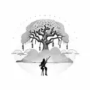 A hauntingly beautiful scene of a guitar player performing under an ancient tree with skulls hanging from its branches tattoo design idea