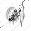 A hauntingly beautiful scene of a guitar player performing under an ancient tree with skulls hanging from its branches tattoo design idea