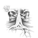 A hauntingly beautiful scene of a guitar player performing under an ancient tree with skulls hanging from its branches tattoo design idea