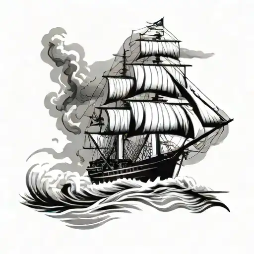 black and white tattoo us navy ship sailing in a storm  tattoo design idea