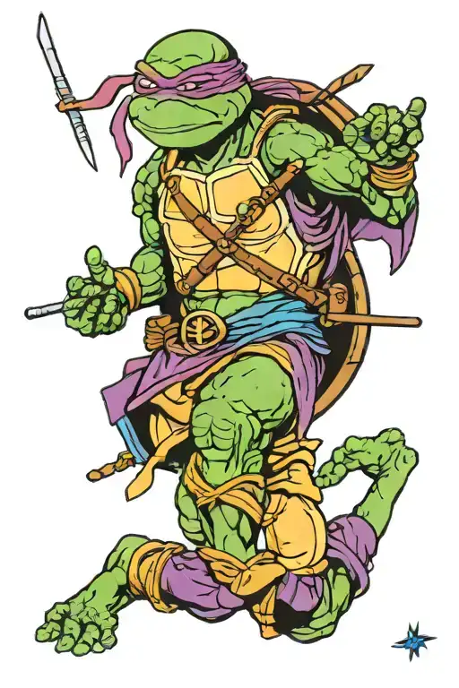 donatello from ninja turtles with real madrid shirt and doing mbappe celebration tattoo design idea