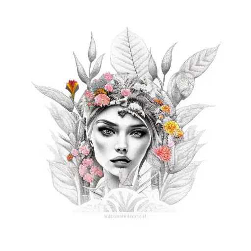 greek architecture with plants on women and colorful tattoo design idea