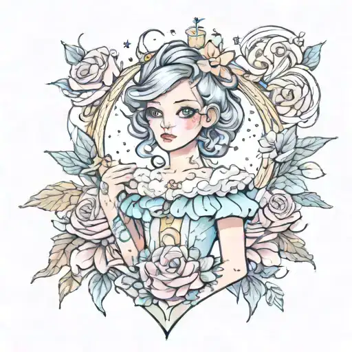 dainty boy in pastel princess dress tattoo design idea