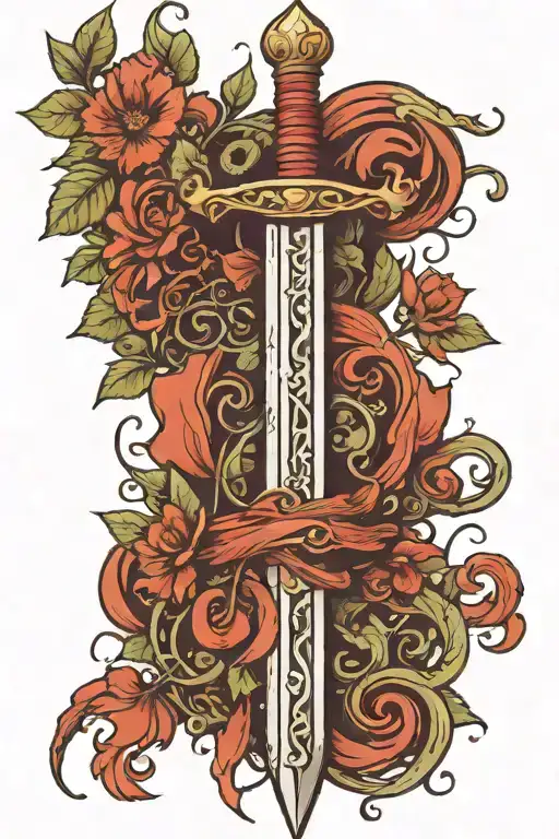 a single sword being wrapped by vines tattoo design idea