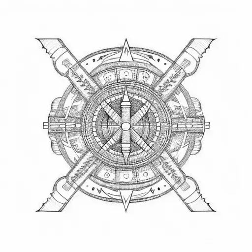 burning Aztec ship with sails in the center with a geometric border in minimalist style, "burn the ships" around the bor tattoo design idea