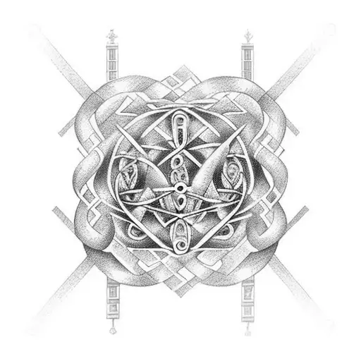 An intricate tattoo featuring a DNA strand morphing into a silhouette of your daughters, with your wife and dog incorporated in the design, symbolizing the unity of family and genetics tattoo design idea