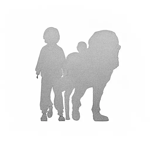 A silhouette of a father walking with his family and rhodesian ridgeback in a scenic landscape tattoo design idea
