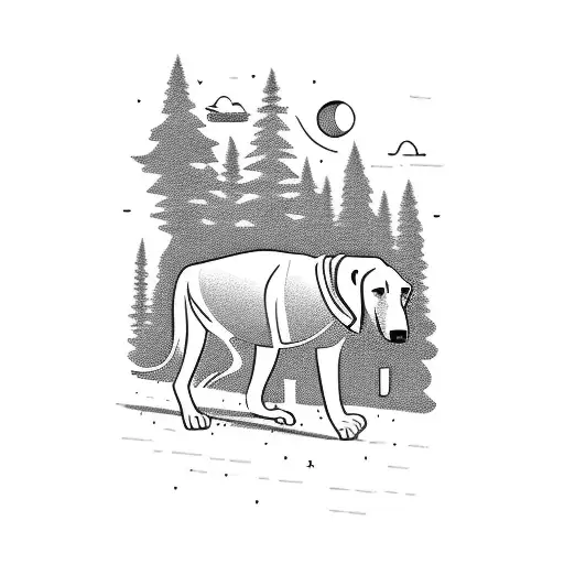 A silhouette of a father walking with his family and rhodesian ridgeback in a scenic landscape tattoo design idea