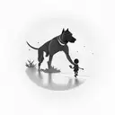 A silhouette of a father walking with his family and rhodesian ridgeback in a scenic landscape tattoo design idea