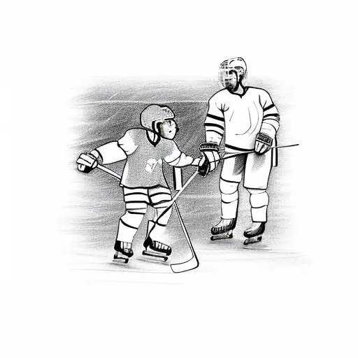 A sketch of a hockey player teaching their child how to skate tattoo design idea
