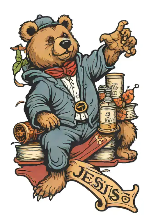the dropout bear sitting on top of the words “jesus walks” tattoo design idea