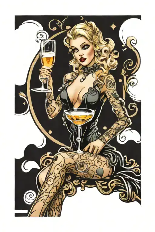 Burlesque blonde woman on glass of champagne tattoo design idea
