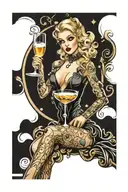 Burlesque blonde woman on glass of champagne tattoo design idea