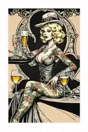 Burlesque blonde woman on glass of champagne tattoo design idea