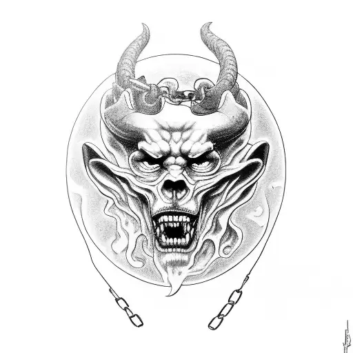 hades holding bident and holding chain attached to cerberus and charon below tattoo design idea