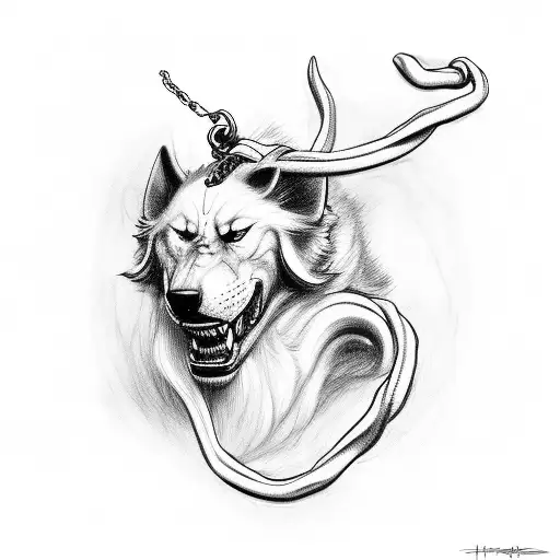 hades holding bident and holding chain attached to cerberus tattoo design idea