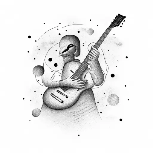A surrealistic portrait of a musician playing a guitar on a cosmic background tattoo design idea