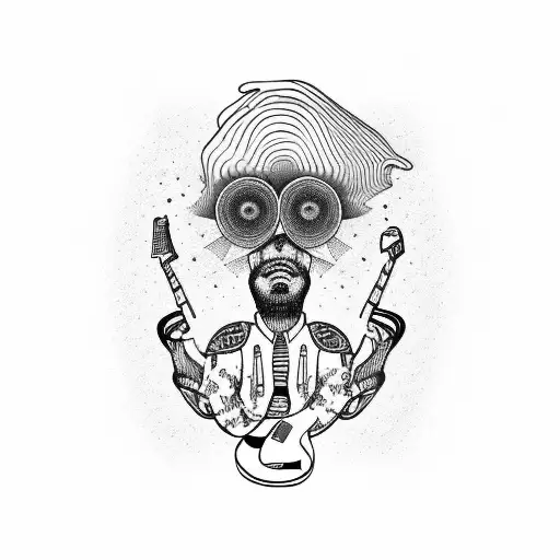 A surrealistic portrait of a musician playing a guitar on a cosmic background tattoo design idea