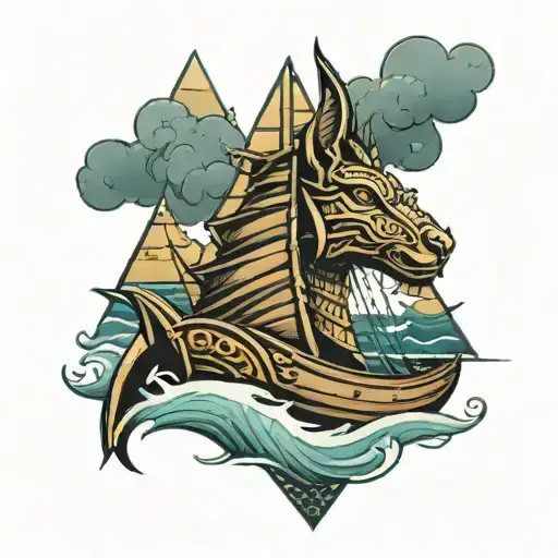 viking ship sailing through stormy sea anubis portrait with half pyramids   tattoo design idea