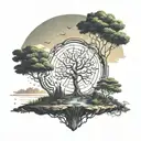 tree with Lemniscate symbol floating on an island in the sky tattoo design idea