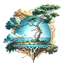 tree with Lemniscate symbol floating on an island in the sky tattoo design idea