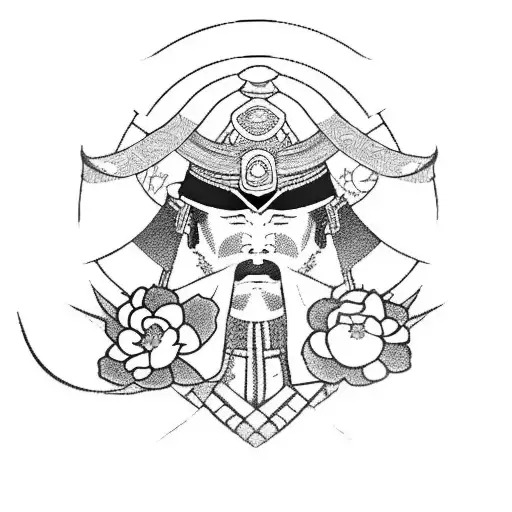 japanese shogun warrior, flowers, heart tattoo design idea