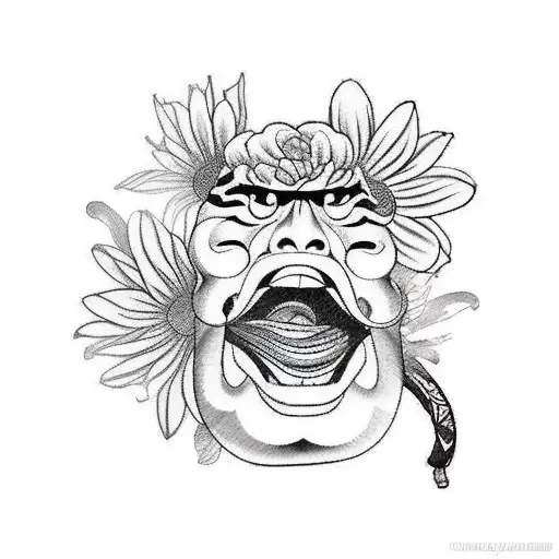 japanese shogun warrior, flowers, heart tattoo design idea