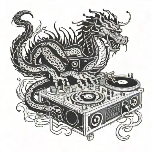 A stylized blackwork tattoo of a Chinese dragon playing a DJ set with music notes intertwined, incorporating elements of Egyptian hieroglyphs tattoo design idea
