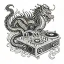 A stylized blackwork tattoo of a Chinese dragon playing a DJ set with music notes intertwined, incorporating elements of Egyptian hieroglyphs tattoo design idea