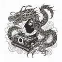 A stylized blackwork tattoo of a Chinese dragon playing a DJ set with music notes intertwined, incorporating elements of Egyptian hieroglyphs tattoo design idea