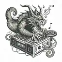 A stylized blackwork tattoo of a Chinese dragon playing a DJ set with music notes intertwined, incorporating elements of Egyptian hieroglyphs tattoo design idea