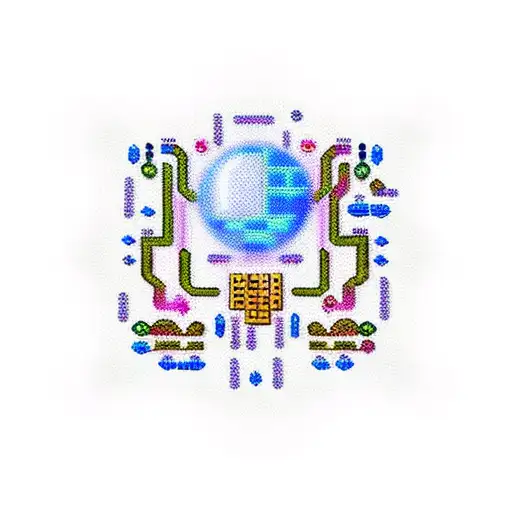 Binary code forming a circuit board with a pixelated character from a favorite video game emerging from it tattoo design idea